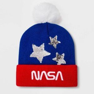 NASA flip sequin red silver blue white pom beanie